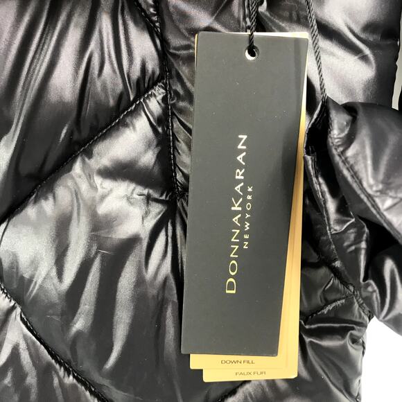 Donna Karan Faux Fur Trim Hooded Puffer Coat XS Long Sleeve Pocket Zip Up NWT - Picture 5 of 7